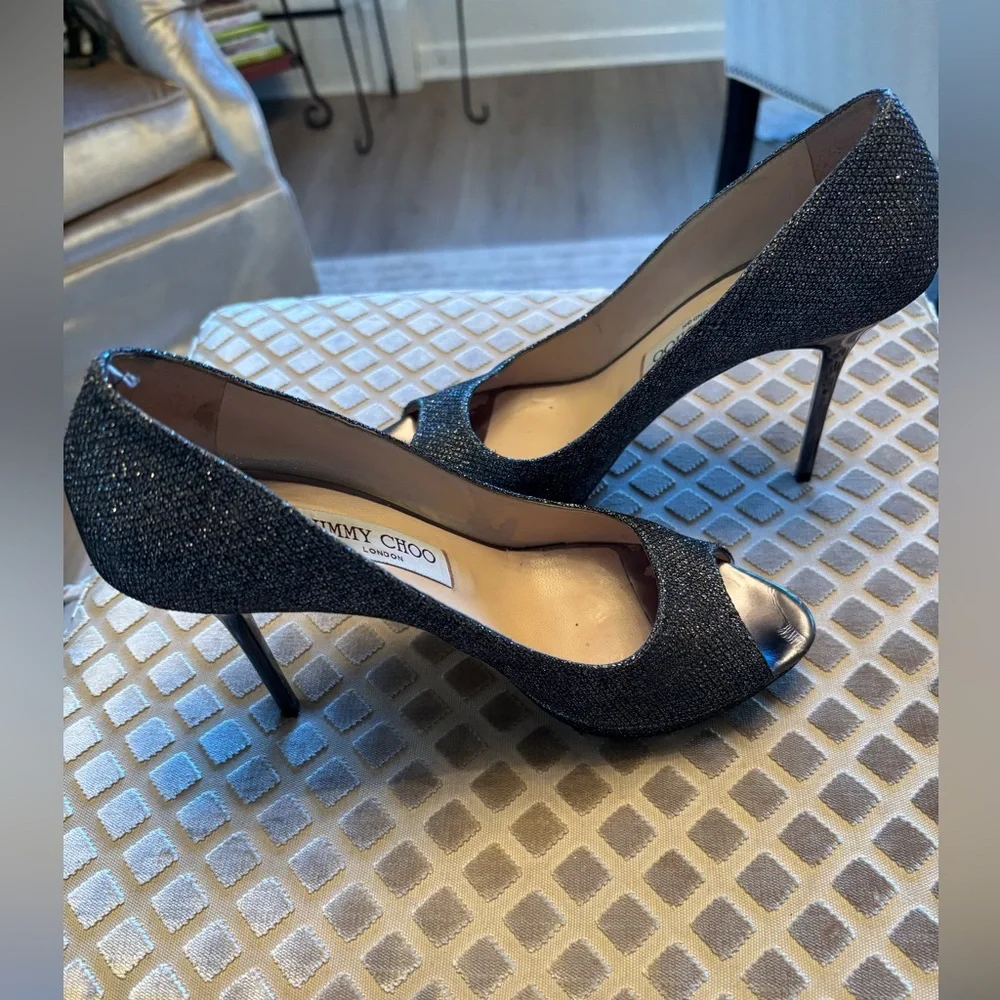 Jimmy Choo Stiletto Luna Pump Silver Glitter Size 37.5 Hollywood Glam